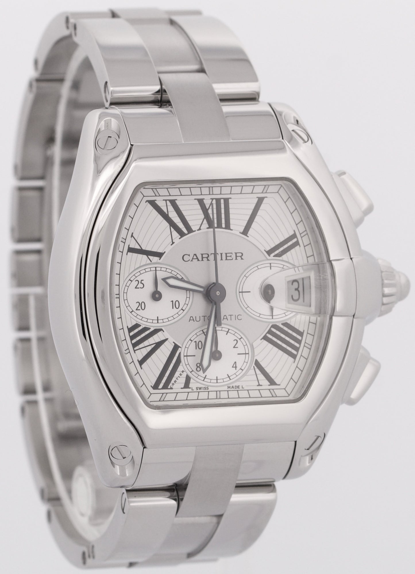 MINT Cartier Roadster XL Chronograph SILVER Roman Steel 43mm Watch 2618 W62006X6