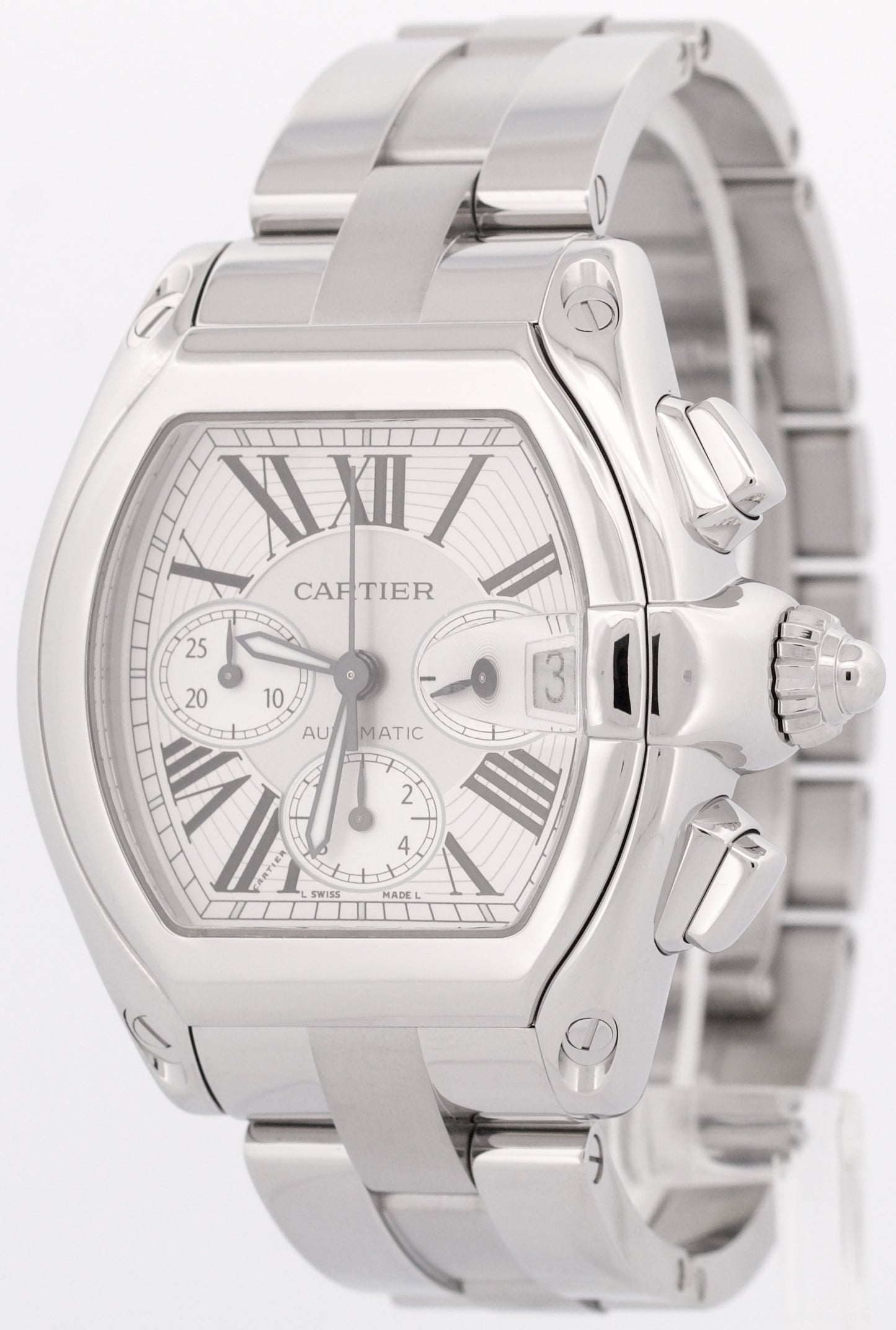 MINT Cartier Roadster XL Chronograph SILVER Roman Steel 43mm Watch 2618 W62006X6