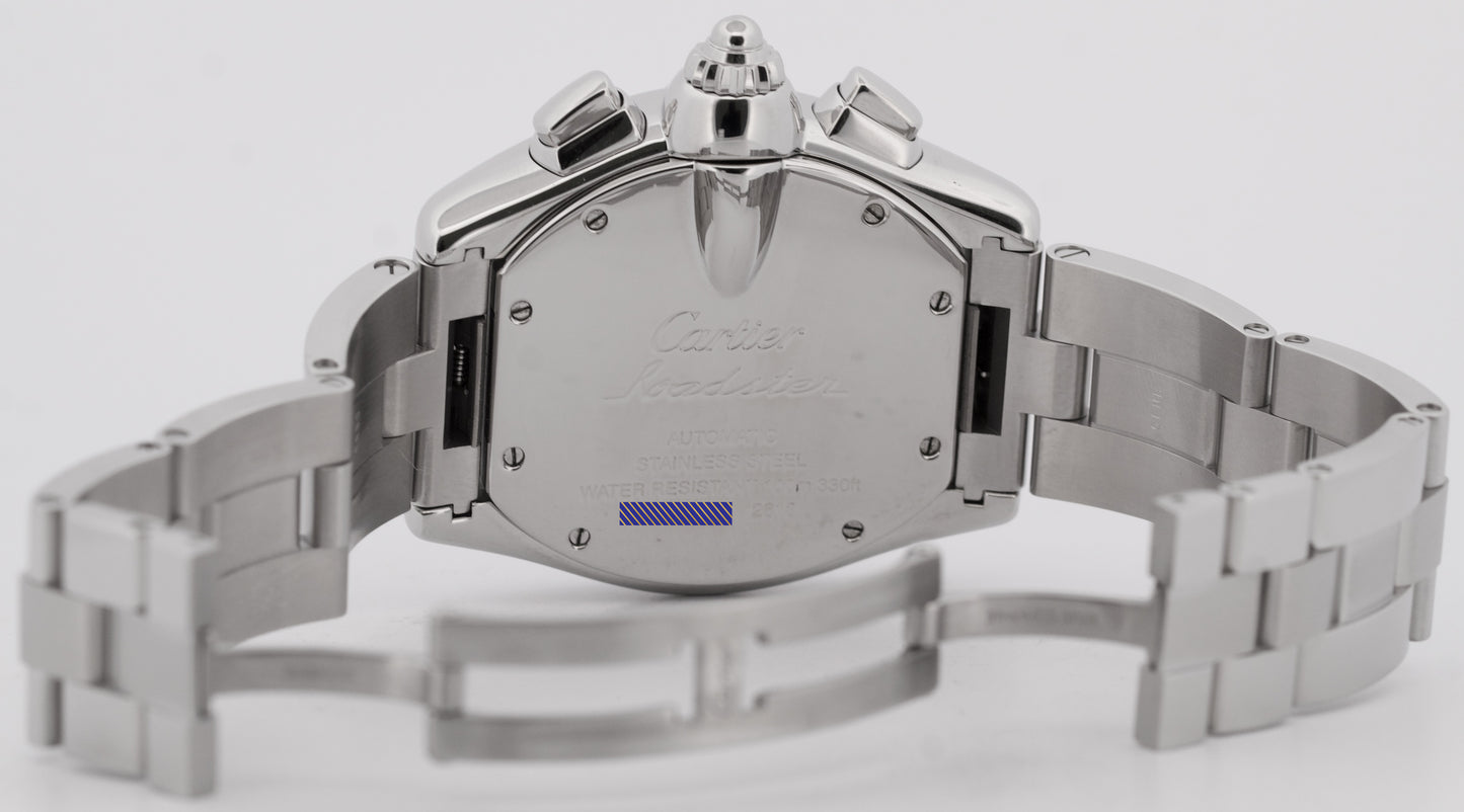 MINT Cartier Roadster XL Chronograph SILVER Roman Steel 43mm Watch 2618 W62006X6
