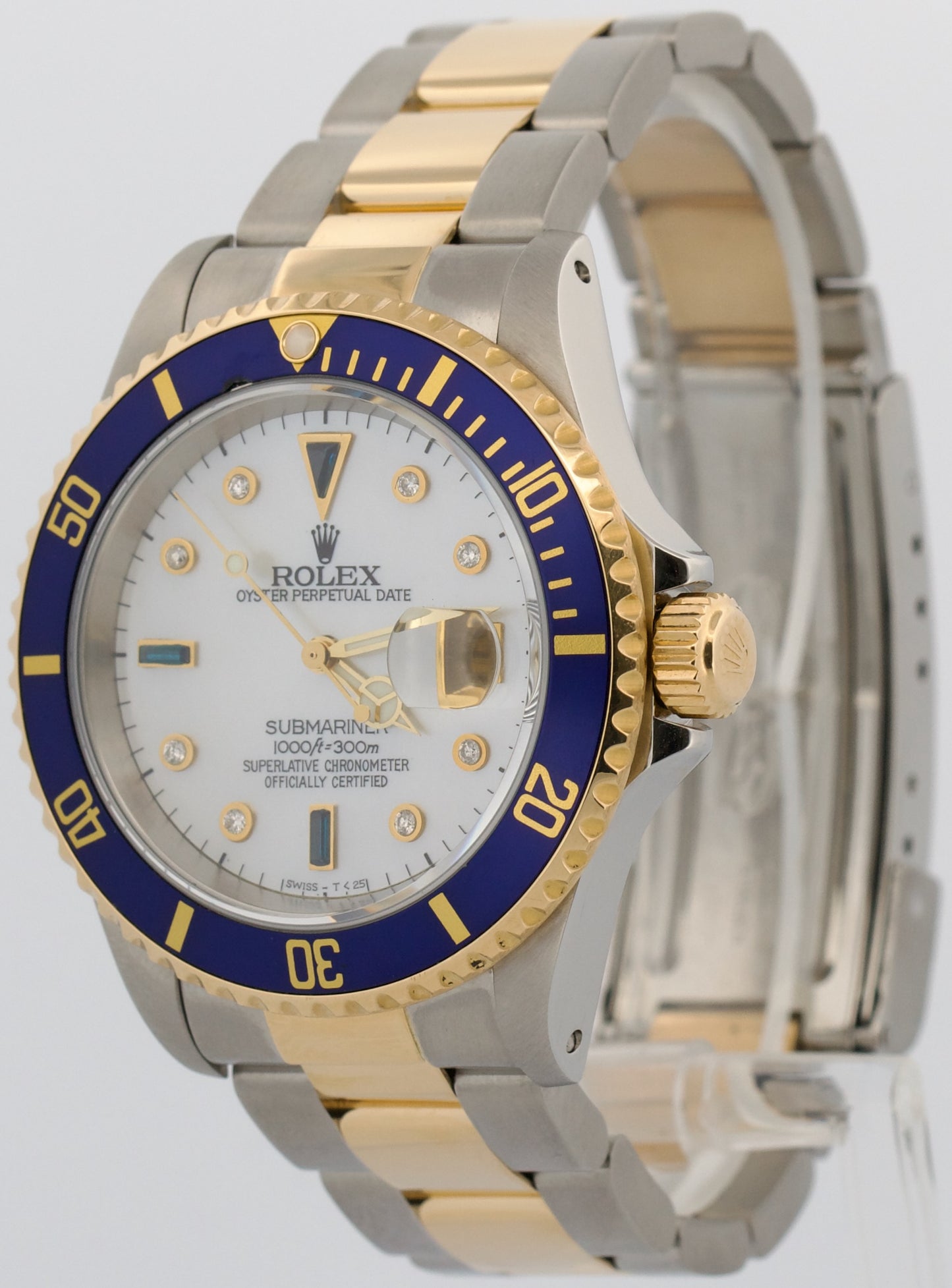 1999 Rolex Submariner Date SERTI MOP DIAMOND 40mm 18K GOLD BUCKLE Steel 16613