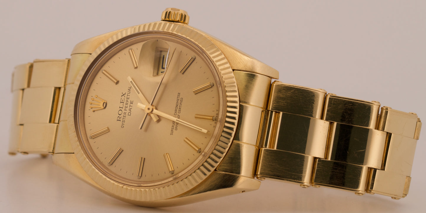 VINTAGE Rolex Oyster Perpetual Date 34mm CHAMPAGNE 14K Gold Fluted Watch 1503