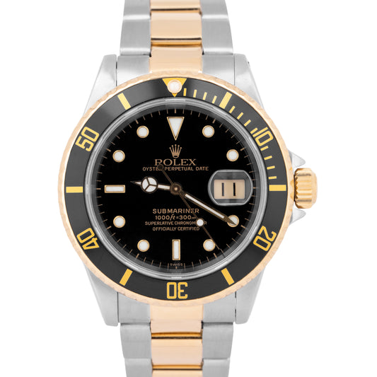 Rolex Submariner Black SWISS ONLY Two-Tone Yellow Gold Steel 40mm Watch 16613