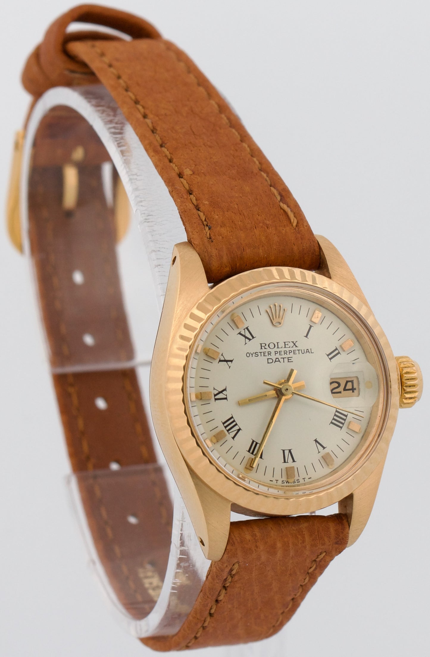 Ladies Rolex DateJust 26mm WHITE ROMAN 18K Yellow Gold Fluted Leather 6917 Watch