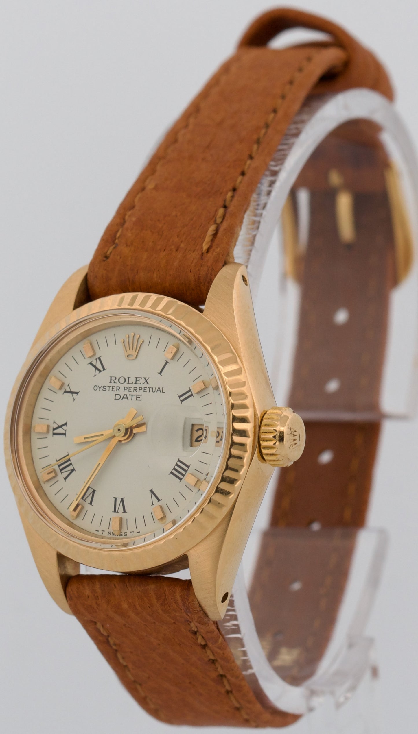 Ladies Rolex DateJust 26mm WHITE ROMAN 18K Yellow Gold Fluted Leather 6917 Watch