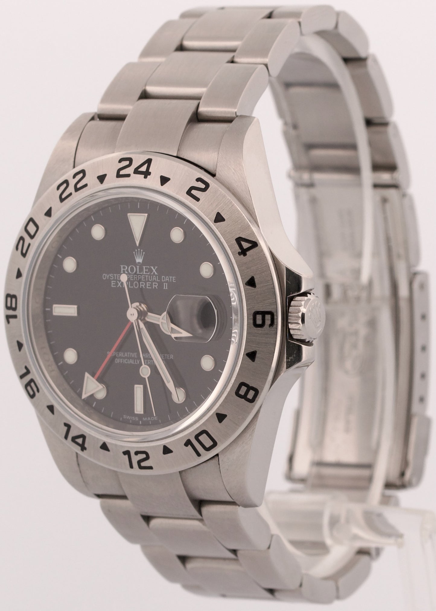 Rolex Explorer II BLACK Stainless Steel Red 40mm Rehaut NO-HOLES 16570 Watch