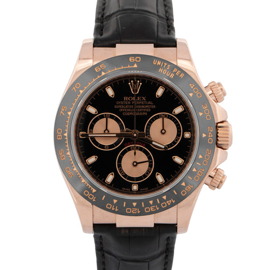 2015 PAPERS Rolex Daytona BLACK 18K Rose Gold Leather Watch 116515 LN BOX