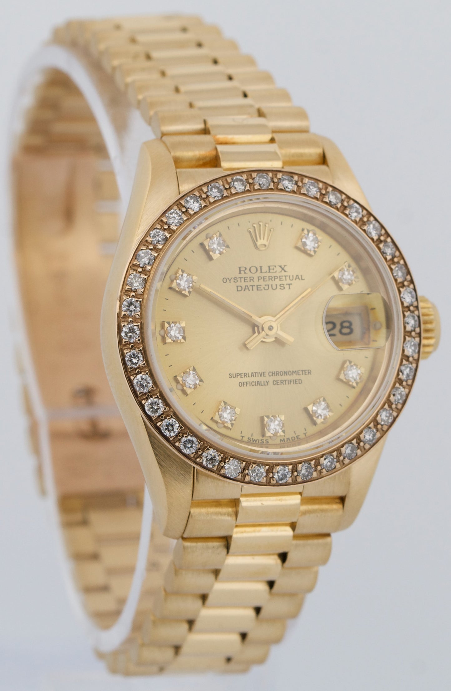 Ladies Rolex DateJust President 26mm CHAMPAGNE DIAMOND 18K Gold 69178 Watch