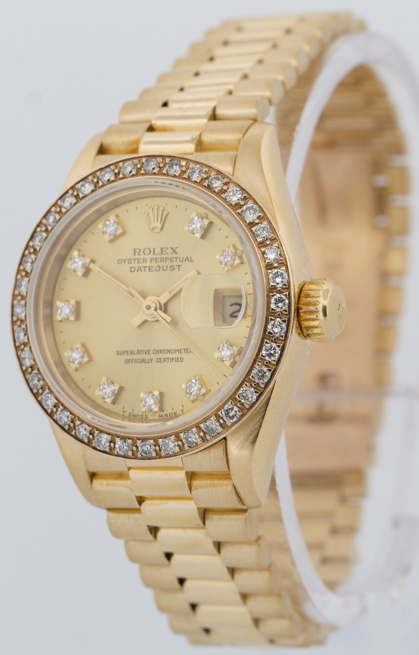 Ladies Rolex DateJust President 26mm CHAMPAGNE DIAMOND 18K Gold 69178 Watch