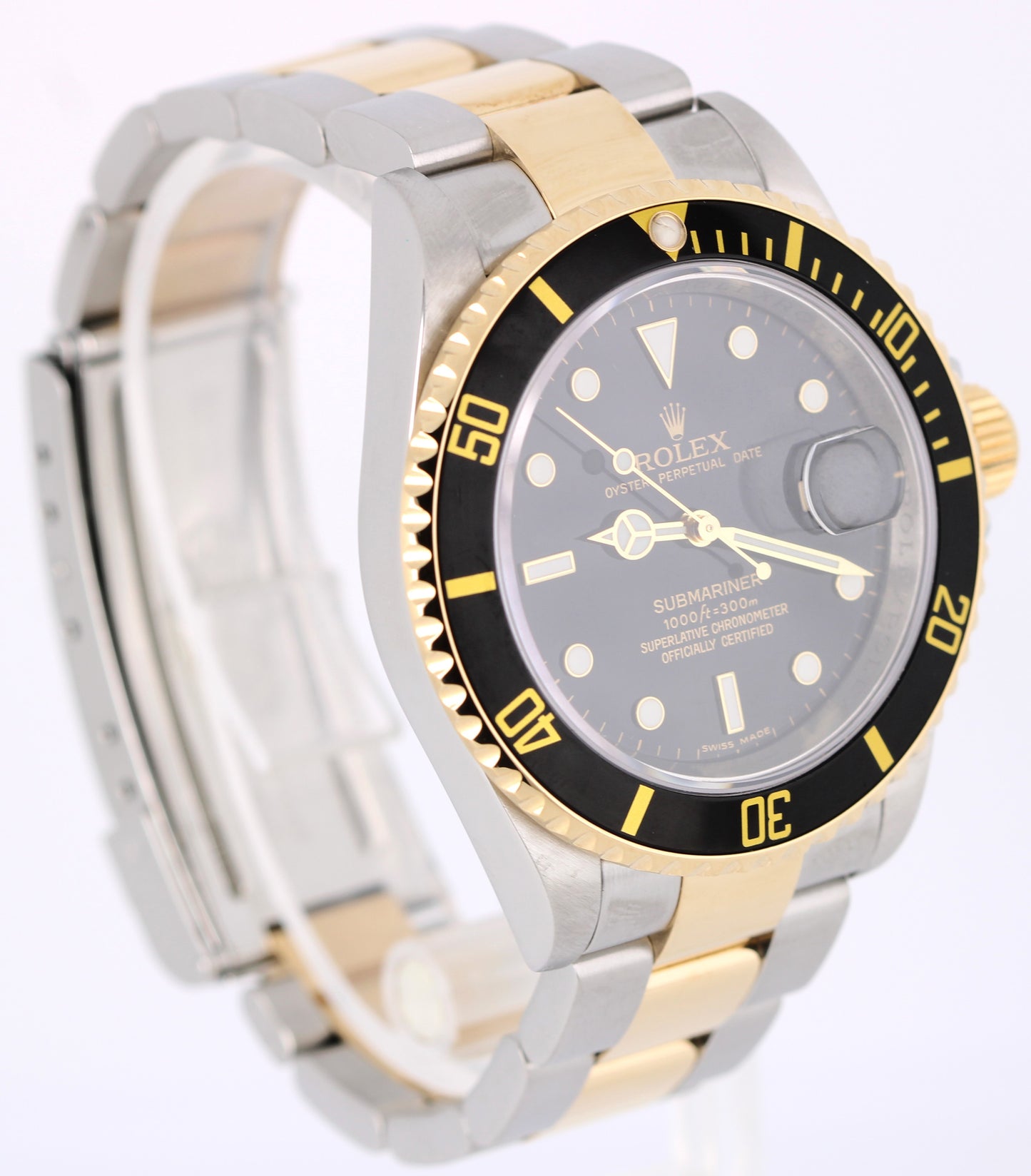 Rolex Submariner Date NO-HOLES Two-Tone 18k Gold Steel Black 40mm 16613T Watch