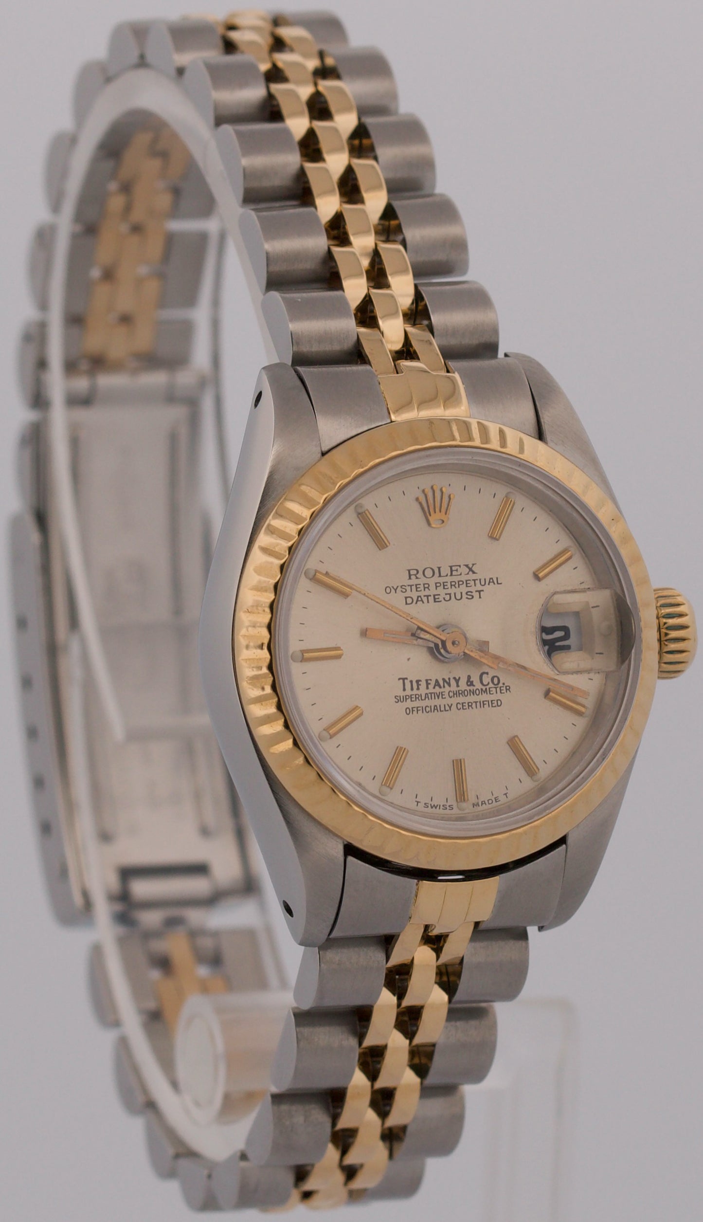 Ladies Rolex DateJust 26mm SILVER TIFFANY 18K Gold Steel JUBILEE Fluted 69173