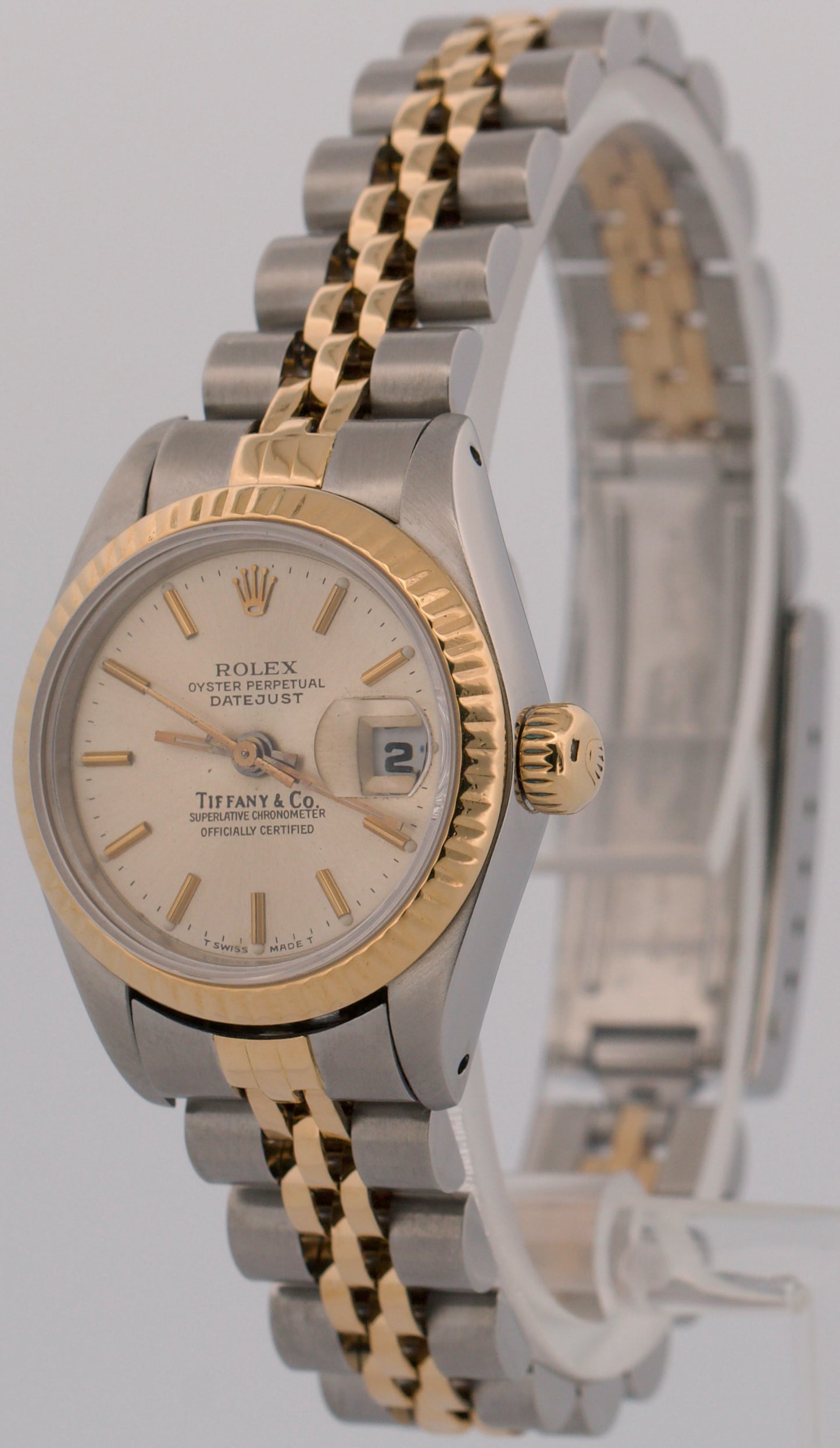 Ladies Rolex DateJust 26mm SILVER TIFFANY 18K Gold Steel JUBILEE Fluted 69173