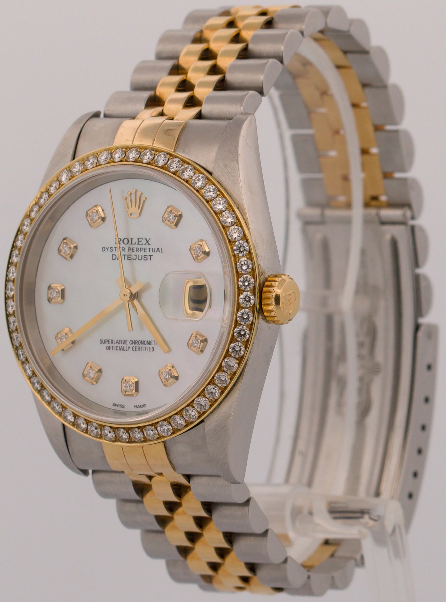 2001 PAPERS Rolex DateJust MOP DIAMOND 18K Steel Gold JUBILEE 36mm 16233 BOX