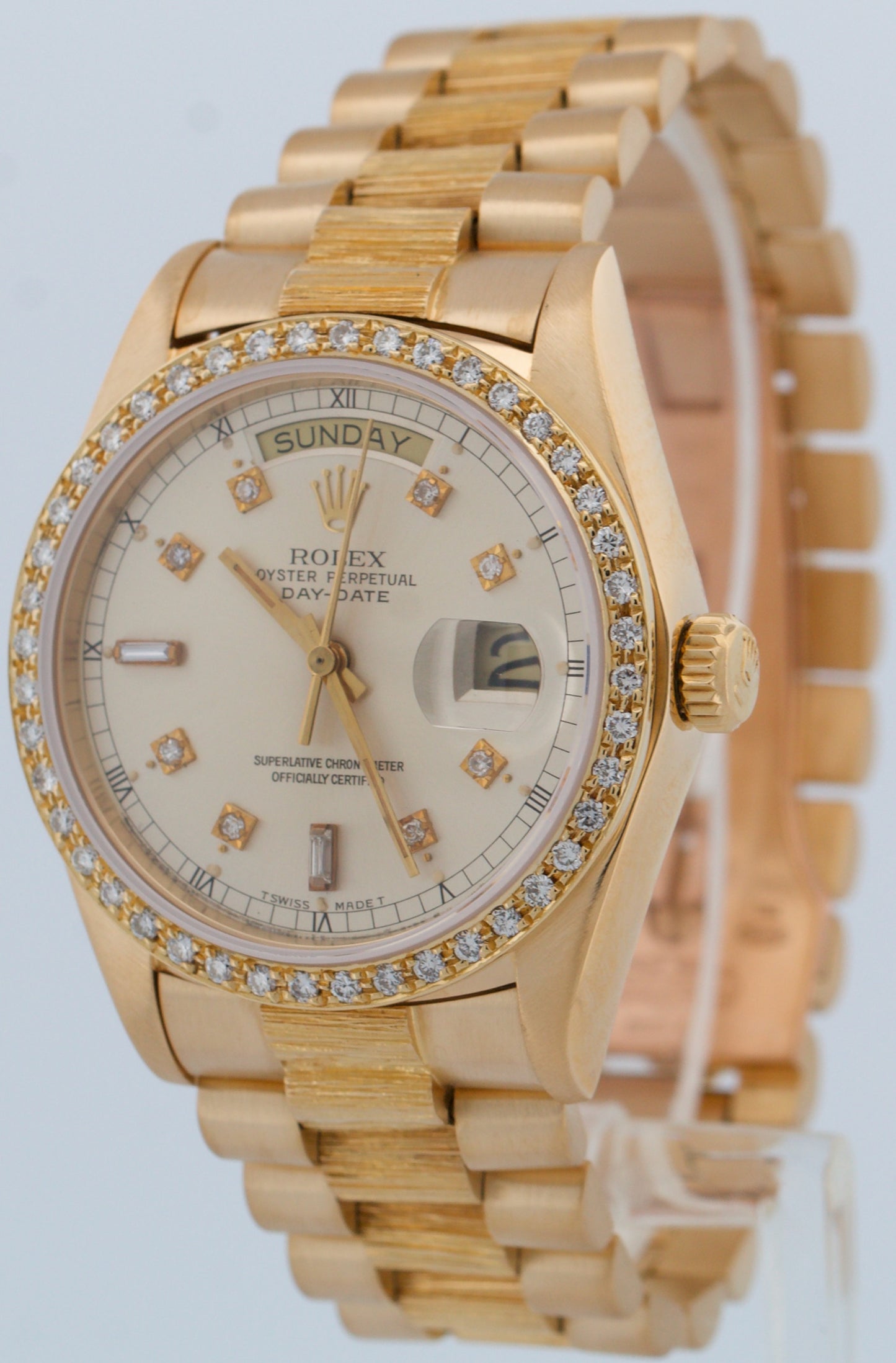 VINTAGE Rolex Day-Date President SILVER DIAMOND BARK 36mm 18K Yellow Gold 18038