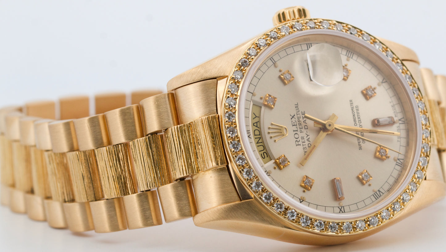 VINTAGE Rolex Day-Date President SILVER DIAMOND BARK 36mm 18K Yellow Gold 18038