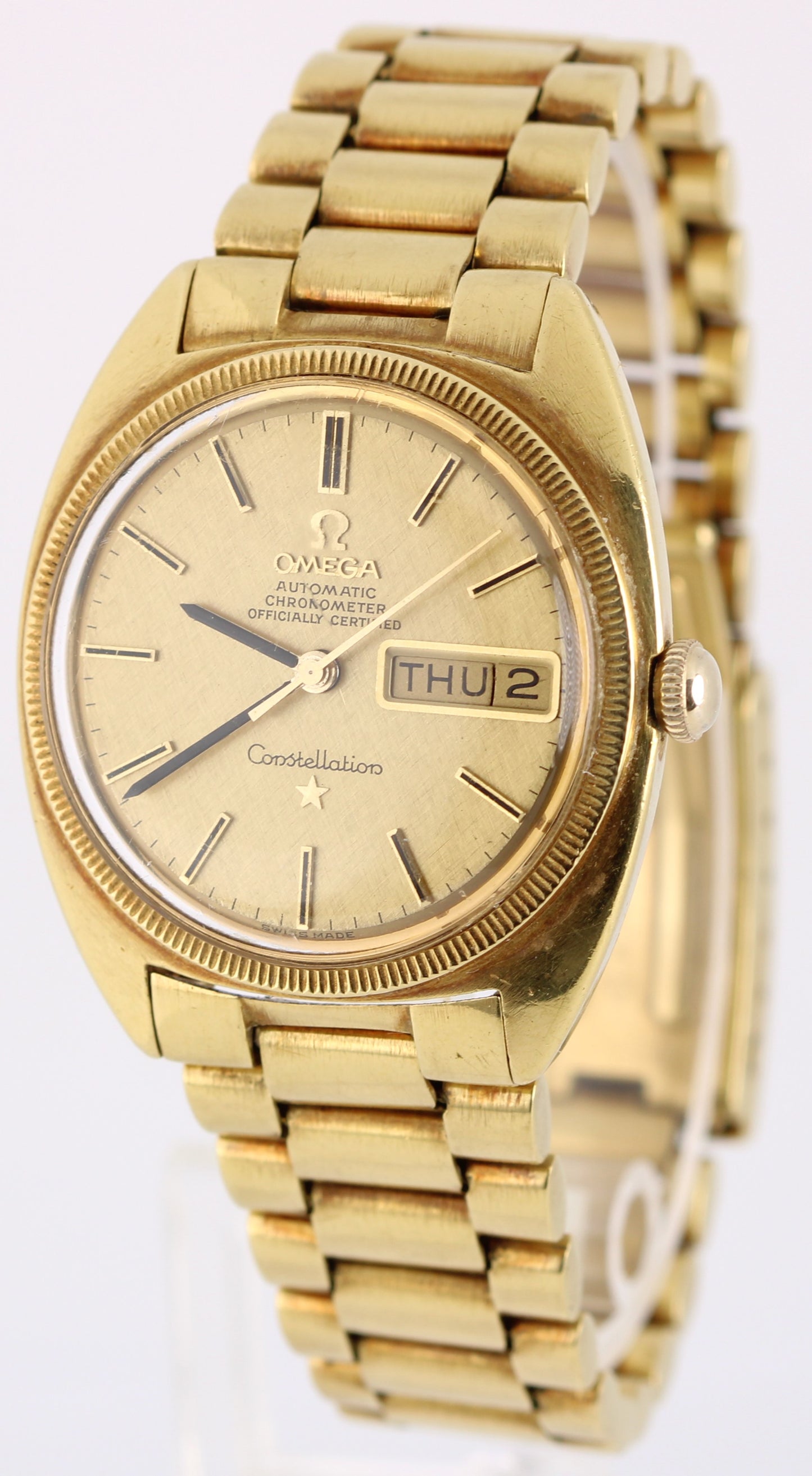 VINTAGE Omega Constellation Day-Date 18k Gold Champagne Linen 35mm 168.029 Watch