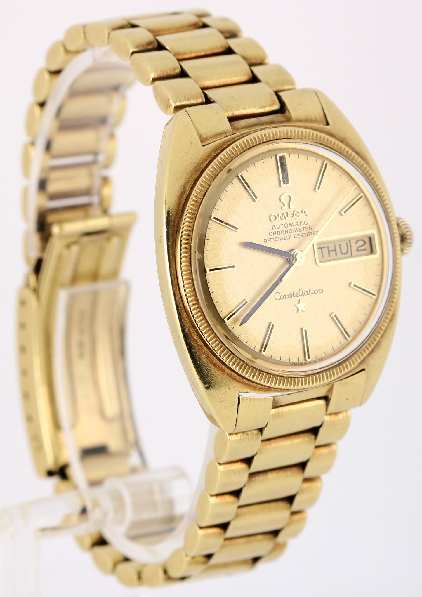 VINTAGE Omega Constellation Day-Date 18k Gold Champagne Linen 35mm 168.029 Watch