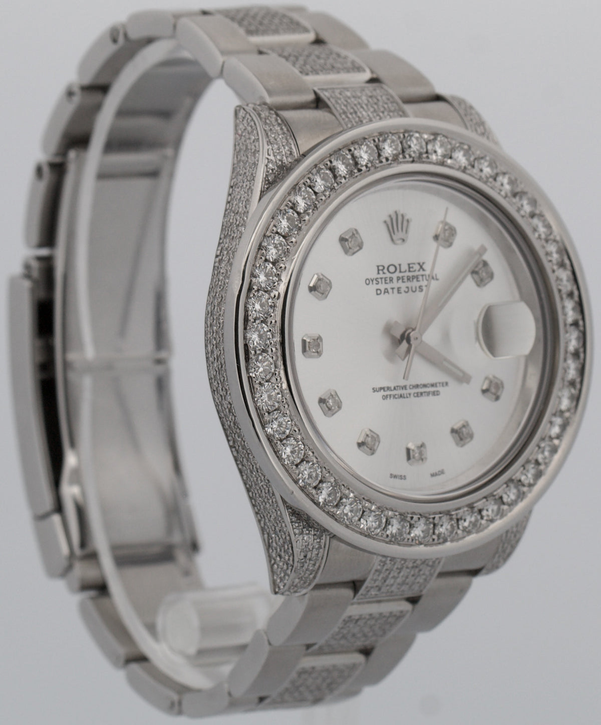Rolex DateJust II 41mm 116300 Silver Pave Diamond Stainless Steel Oyster Watch