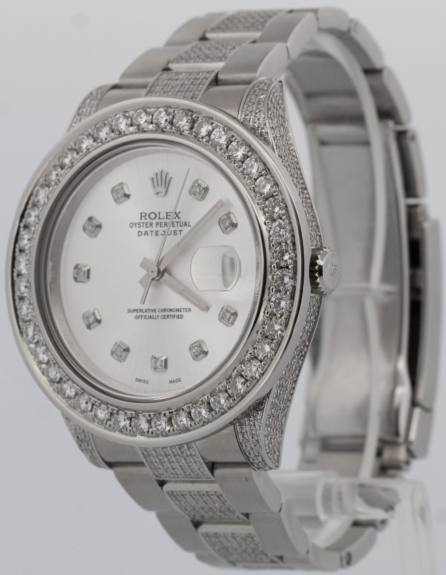 Rolex DateJust II 41mm 116300 Silver Pave Diamond Stainless Steel Oyster Watch