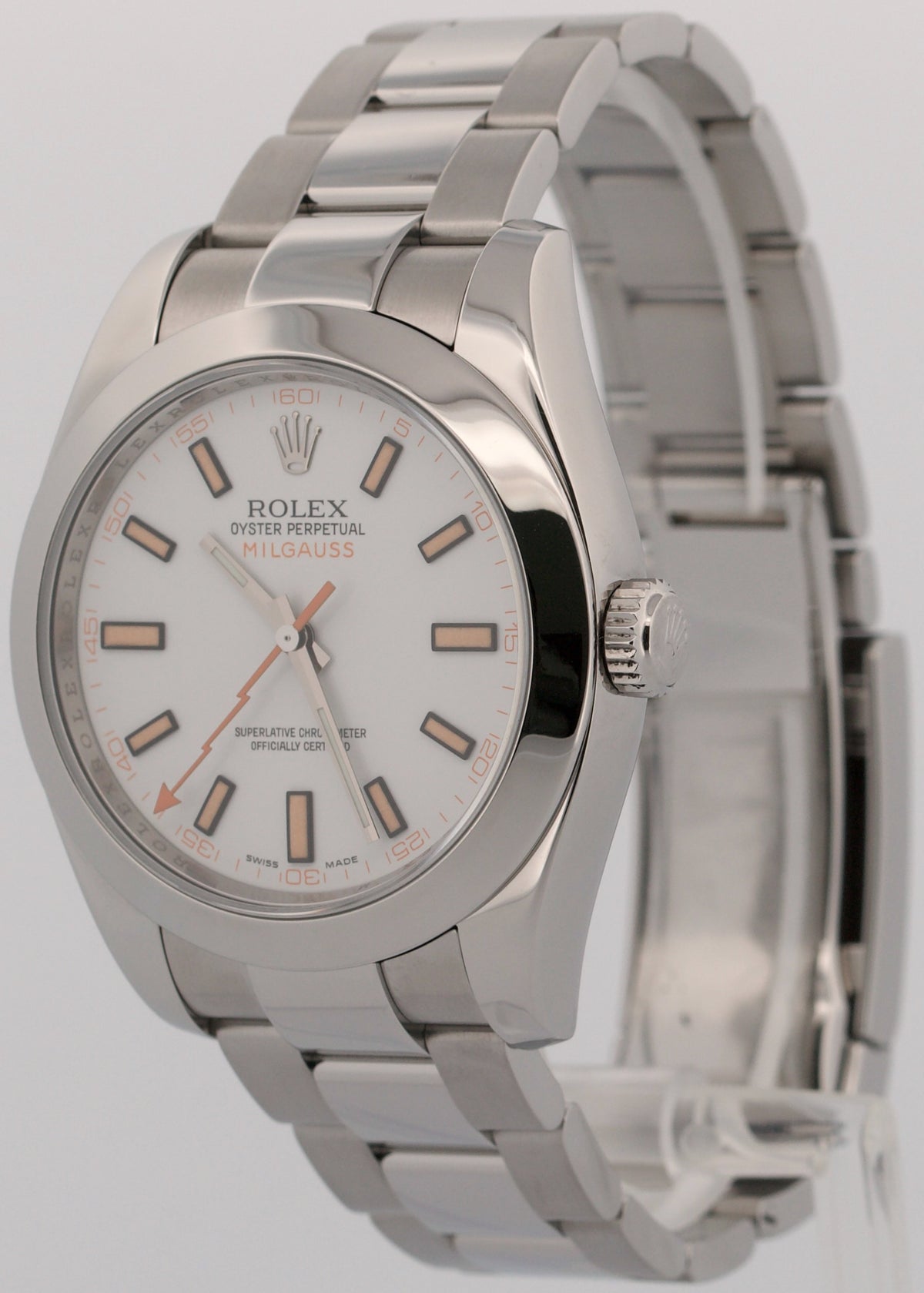 Rolex Milgauss WHITE Orange Stainless Steel 40mm Automatic Oyster 116400 Watch