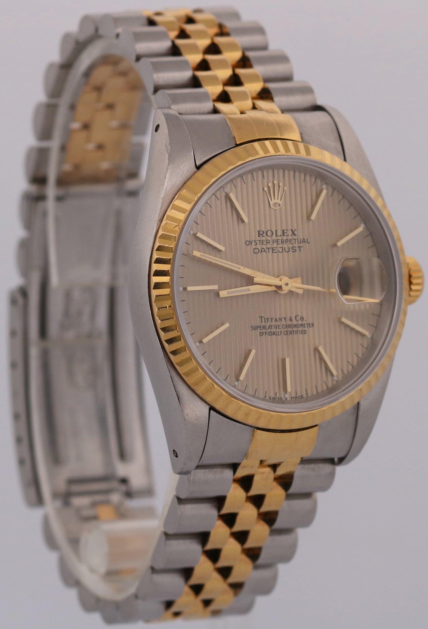 PAPERS Rolex DateJust 36mm CHAMPAGNE TAPESTRY TIFFANY 18K JUBILEE 16233 BOX