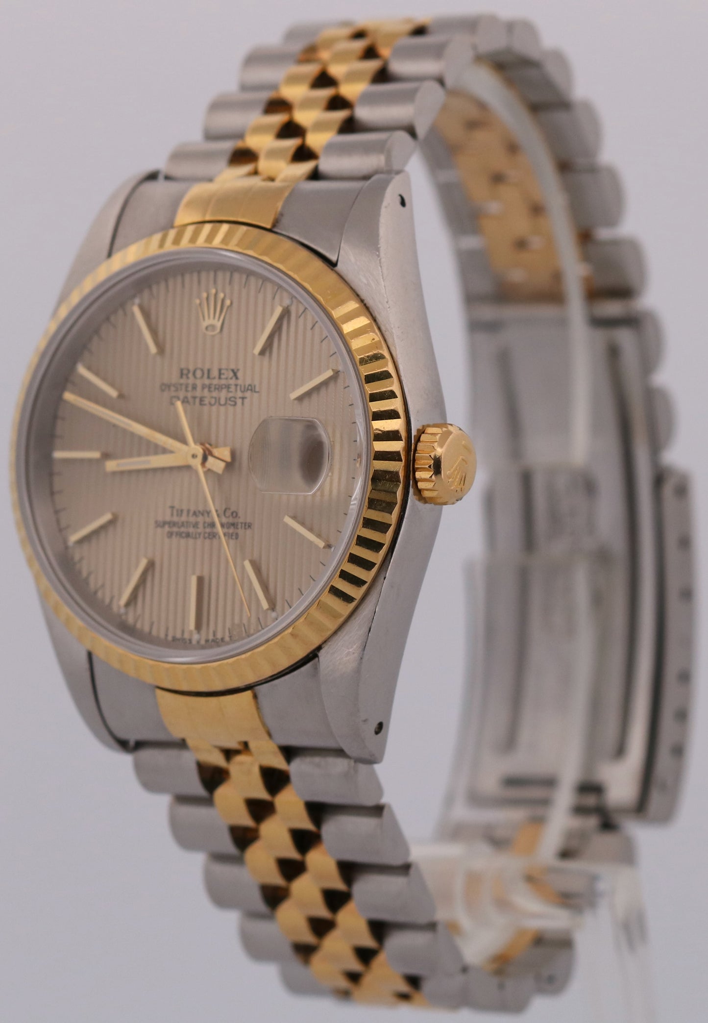 PAPERS Rolex DateJust 36mm CHAMPAGNE TAPESTRY TIFFANY 18K JUBILEE 16233 BOX