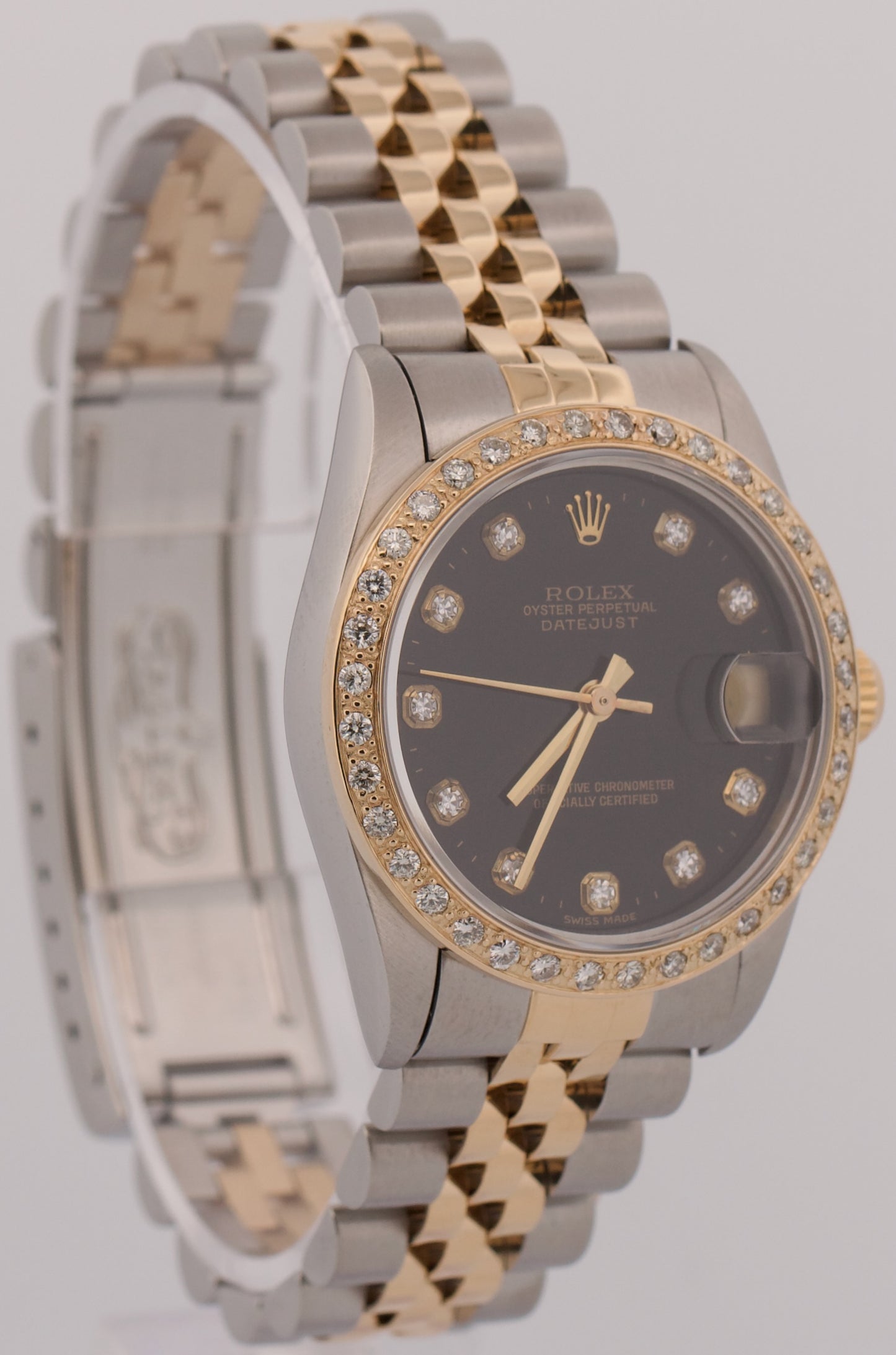 Rolex DateJust Midsize BLACK DIAMOND BEZEL 18K Gold Steel JUBILEE 31mm 68273