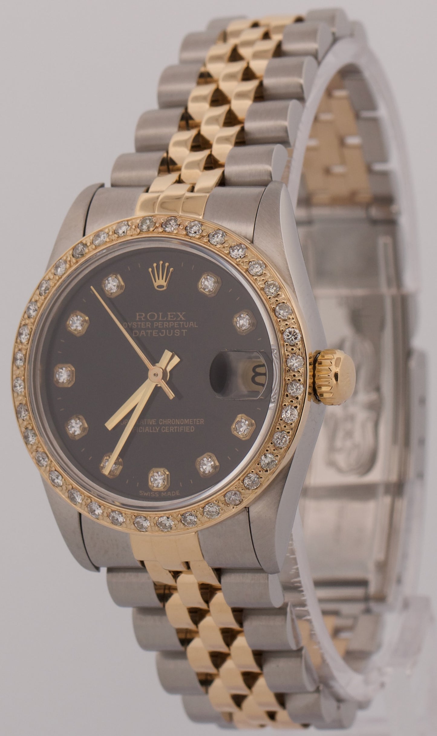 Rolex DateJust Midsize BLACK DIAMOND BEZEL 18K Gold Steel JUBILEE 31mm 68273