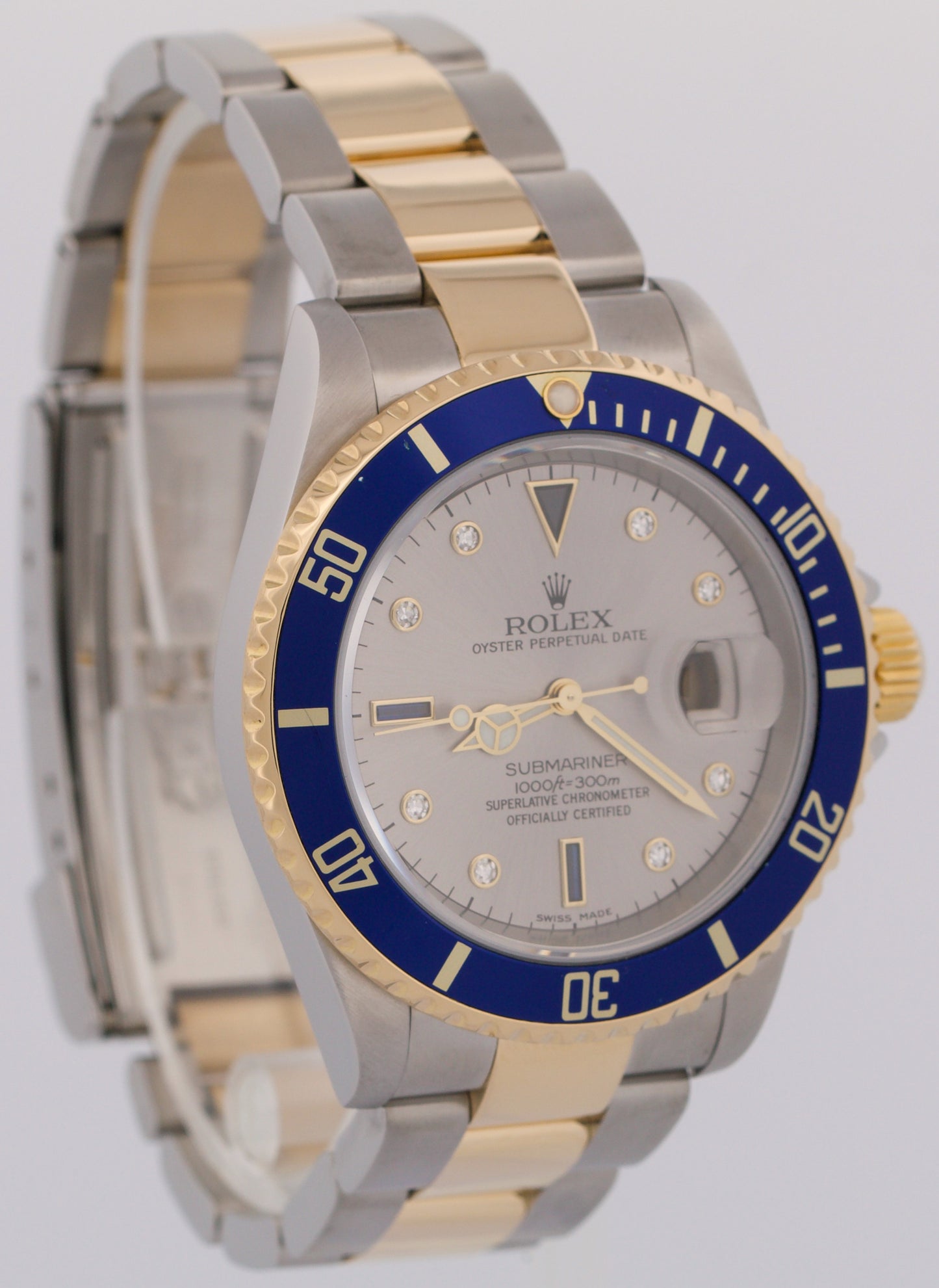 Rolex Submariner Date 40mm SILVER SERTI DIAMOND Blue 18K NO-HOLES Steel 16613