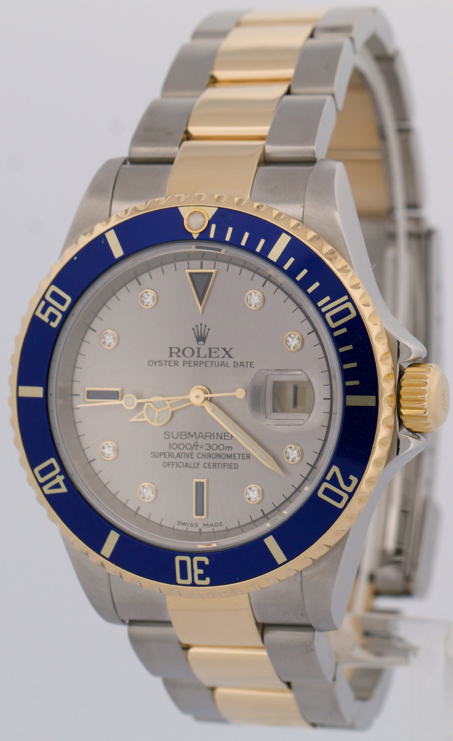 Rolex Submariner Date 40mm SILVER SERTI DIAMOND Blue 18K NO-HOLES Steel 16613