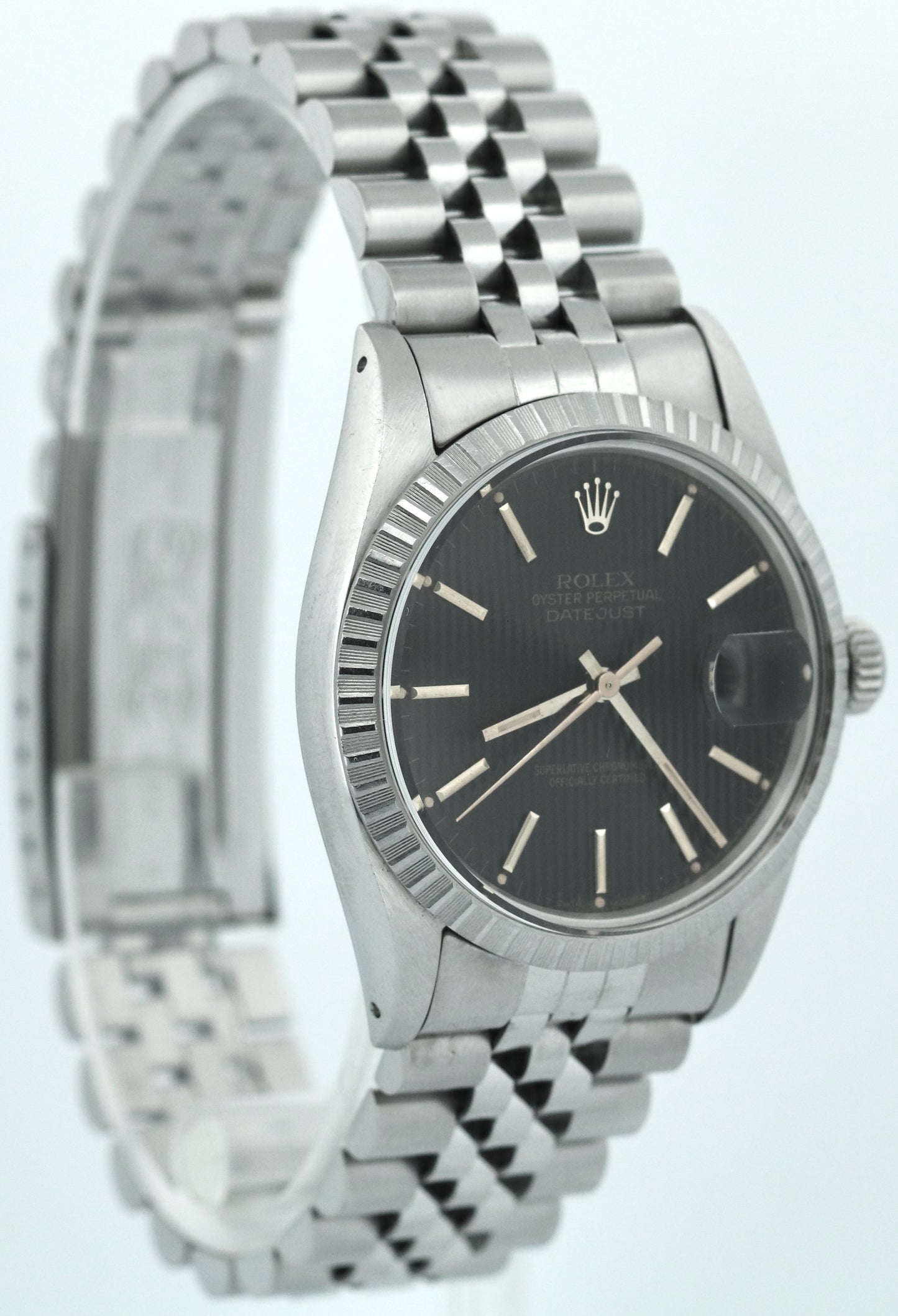 Rolex DateJust 36mm BLACK TAPESTRY Steel Engine Turned JUBILEE Watch 16030