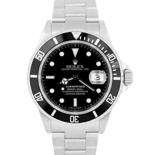 MINT Rolex Submariner Date Black Steel NO-HOLES SEL Automatic Oyster Watch 16610
