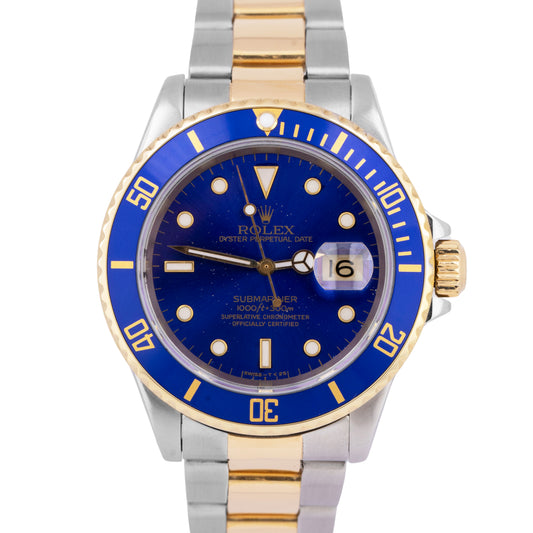 Rolex Submariner Date 40mm Blue Two-Tone 18K Yellow Gold Stainless Watch 16613