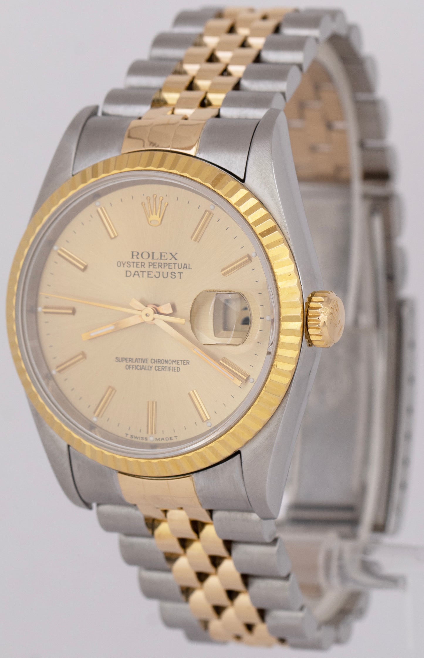 Rolex DateJust 36mm Champagne Dial NO-HOLES Steel 18K Yellow Gold 16233 Watch