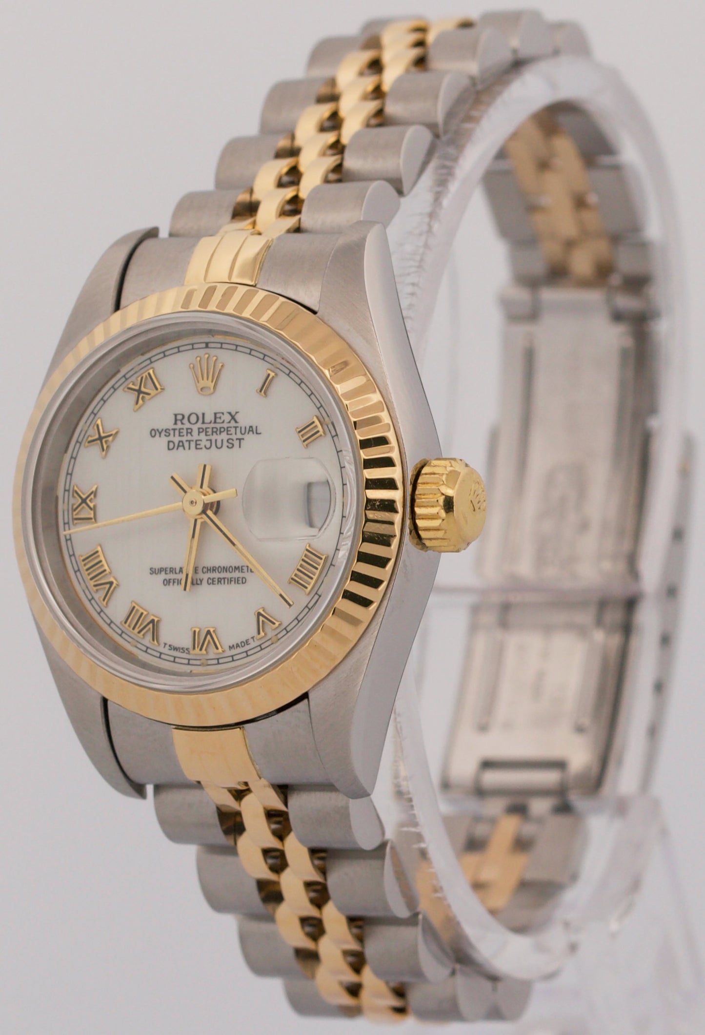 1994 PAPERS Rolex DateJust 26mm WHITE ROMAN 18K Gold Steel JUBILEE 69173 BOX