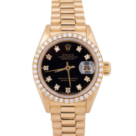 PAPERS Ladies Rolex DateJust President 26mm Black DIAMOND Gold Watch 69138 BOX