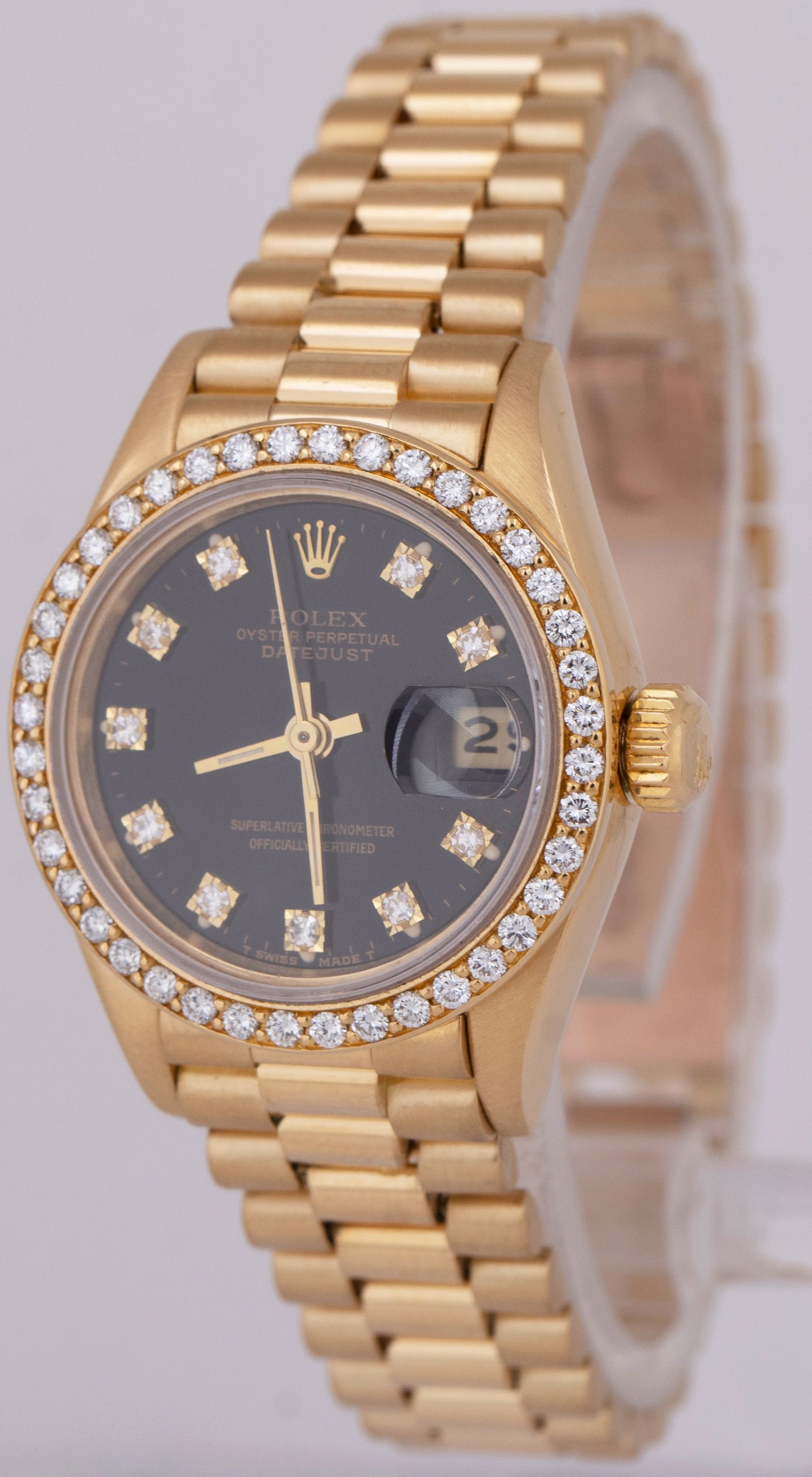 PAPERS Ladies Rolex DateJust President 26mm Black DIAMOND Gold Watch 69138 BOX