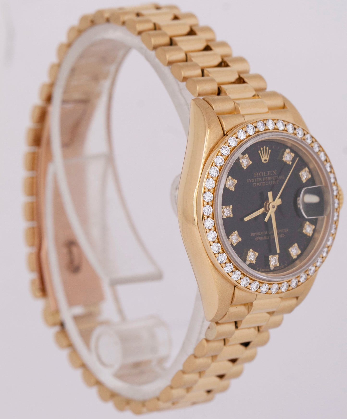 PAPERS Ladies Rolex DateJust President 26mm Black DIAMOND Gold Watch 69138 BOX