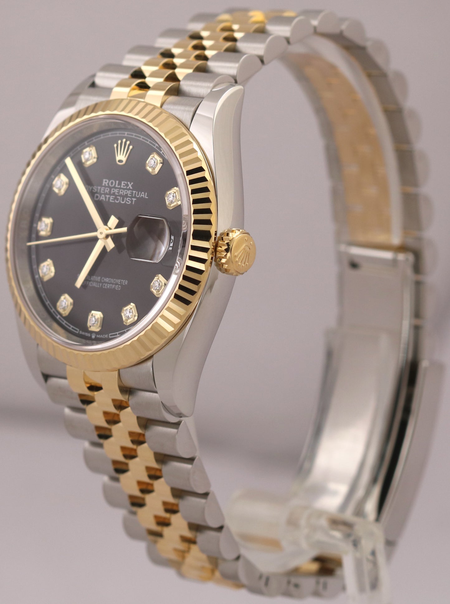 MINT 2024 PAPERS Rolex DateJust 36mm BLACK DIAMOND 18K Gold JUBILEE 126233 BOX