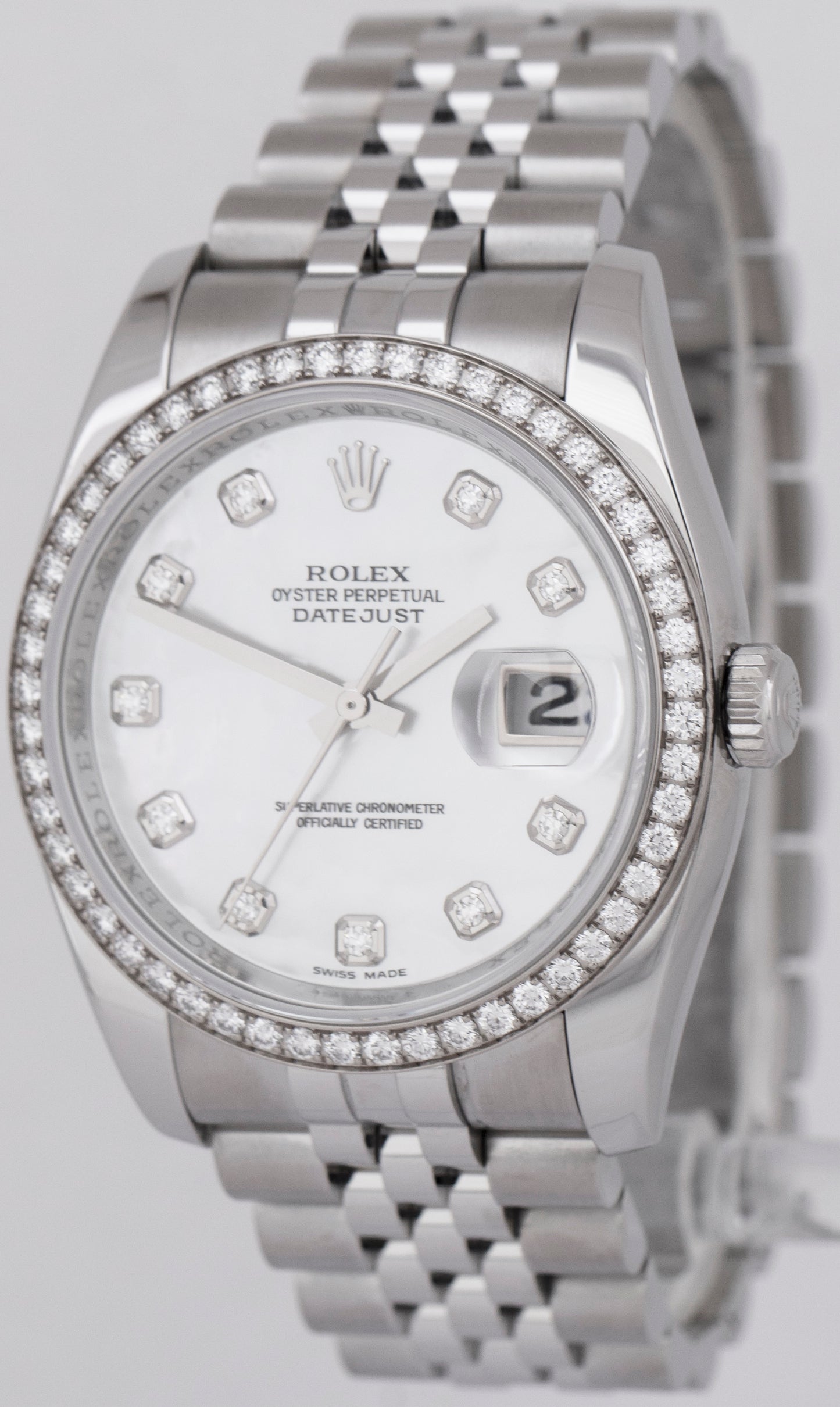 MINT PAPERS Rolex DateJust 36mm 18K MOP DIAMOND Steel Jubilee Watch 116244 BOX
