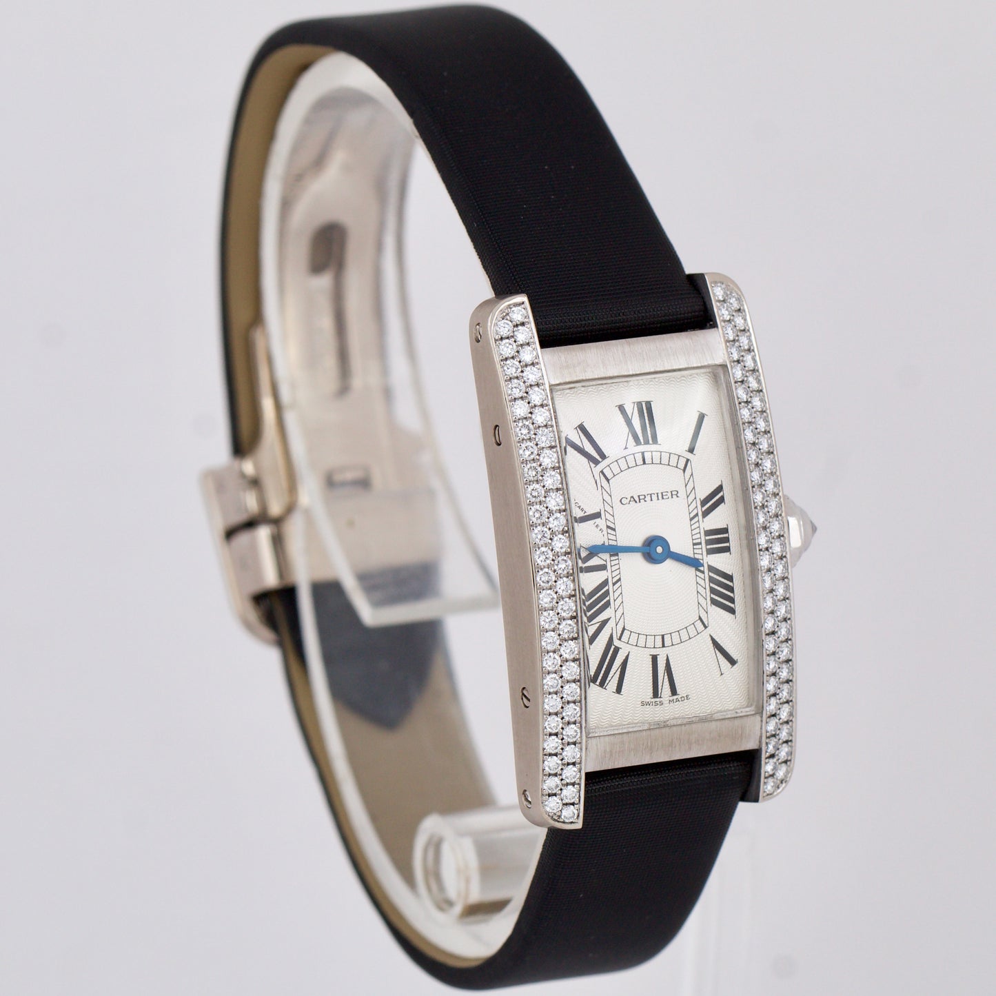 FACTORY DIAMOND Cartier Tank Americaine 18k White Gold Roman Quartz 2489 Watch