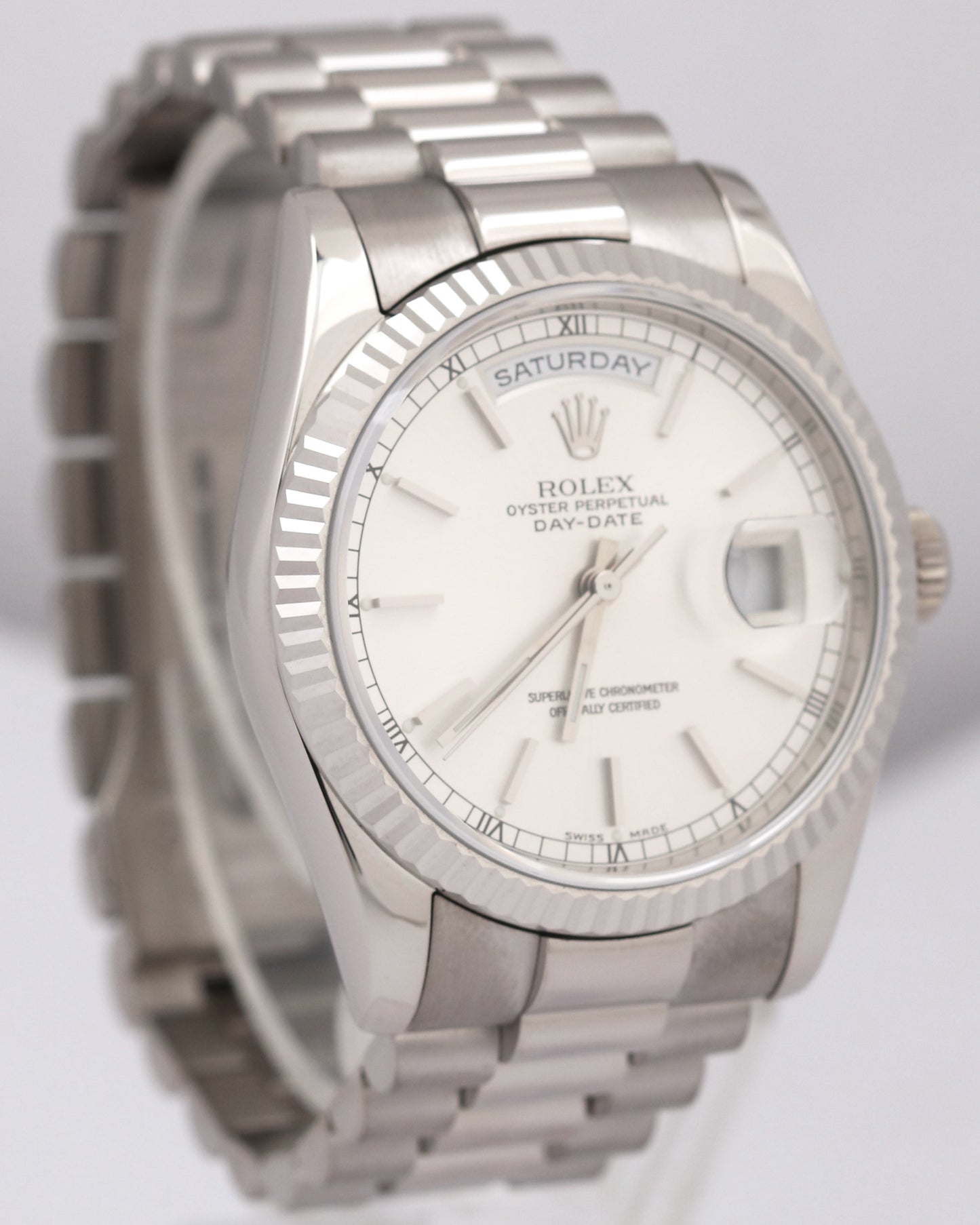 Rolex Day-Date President 36mm SILVER 18K White Gold Fluted Watch 118239