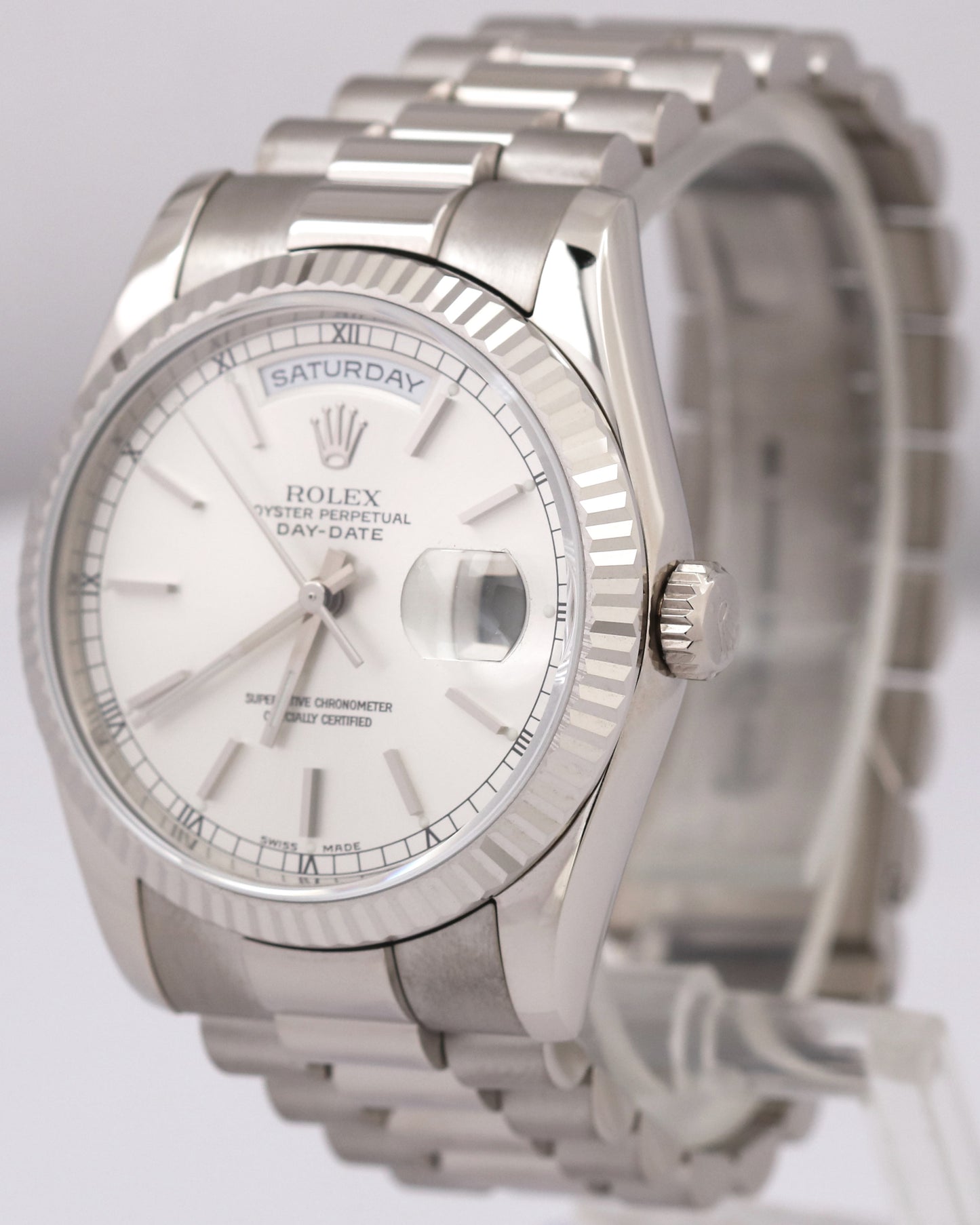 Rolex Day-Date President 36mm SILVER 18K White Gold Fluted Watch 118239