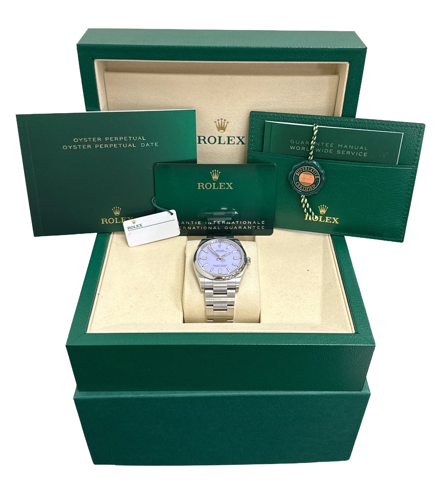 2025 PAPERS Rolex Oyster Perpetual LAVENDER PURPLE Steel 36mm Watch 126000 BOX