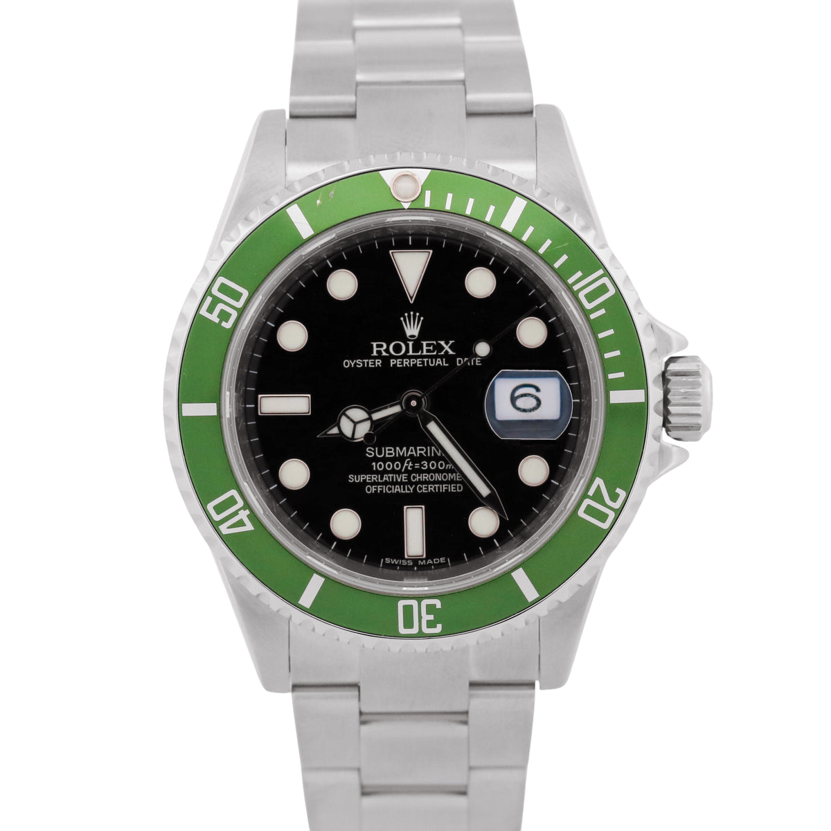 Rolex Submariner 16610 LV Kermit Green No-Holes Rehaut Steel Oyster 40mm Watch