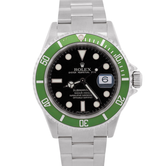 Rolex Submariner 16610 LV Kermit Green No-Holes Rehaut Steel Oyster 40mm Watch