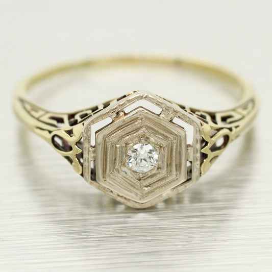 Antique Art Deco 0.05ct Diamond Hexagonal Filigree Band Ring - 14k Yellow Gold