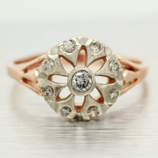 Antique Art Deco 0.15ctw Diamond Floral Band Ring - 14k Rose Gold