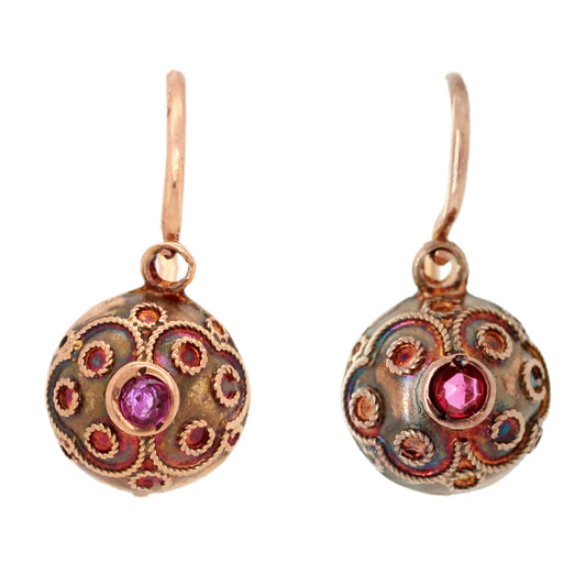 Antique Art Nouveau Ruby Ornate Sphere Drop Dangle Earrings - 14k Rose Gold