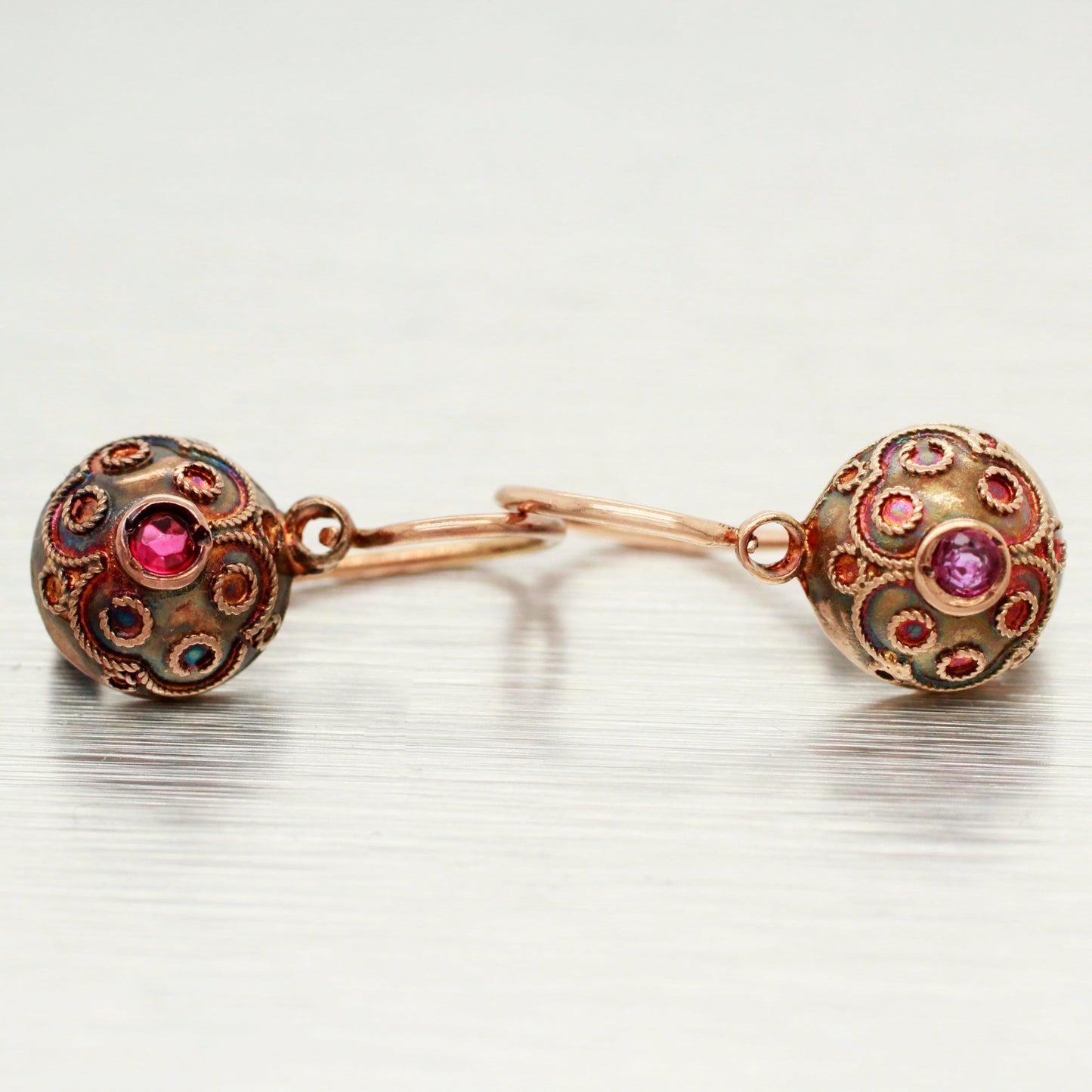 Antique Art Nouveau Ruby Ornate Sphere Drop Dangle Earrings - 14k Rose Gold