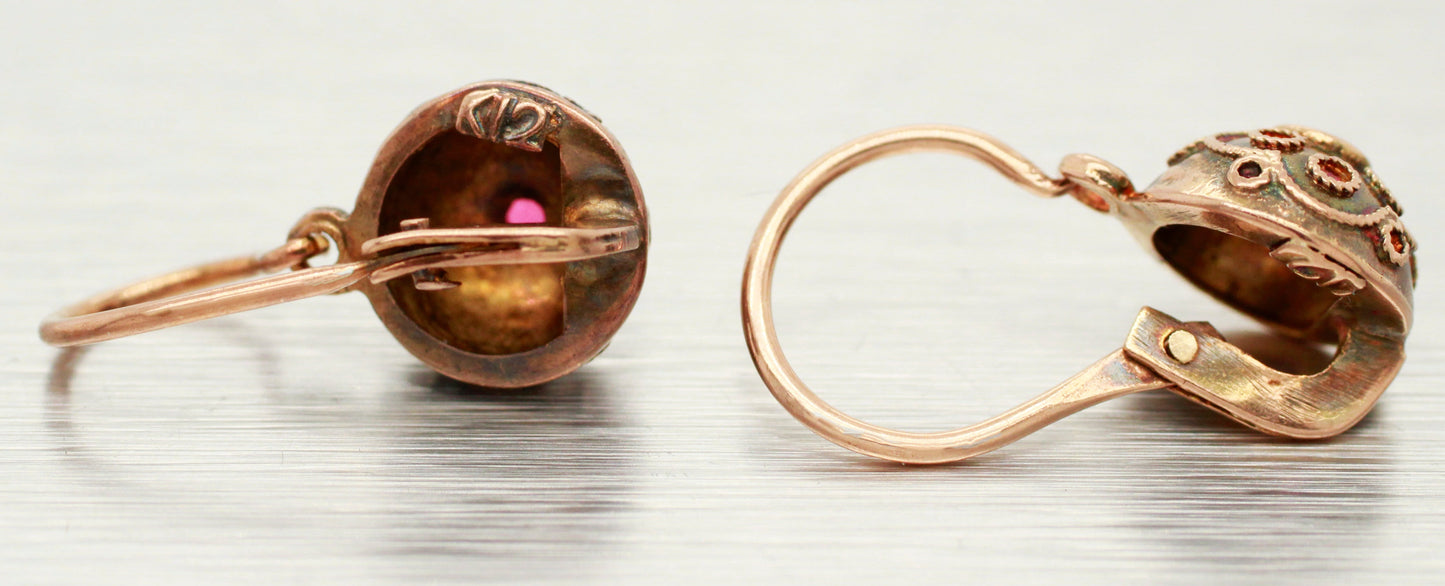 Antique Art Nouveau Ruby Ornate Sphere Drop Dangle Earrings - 14k Rose Gold